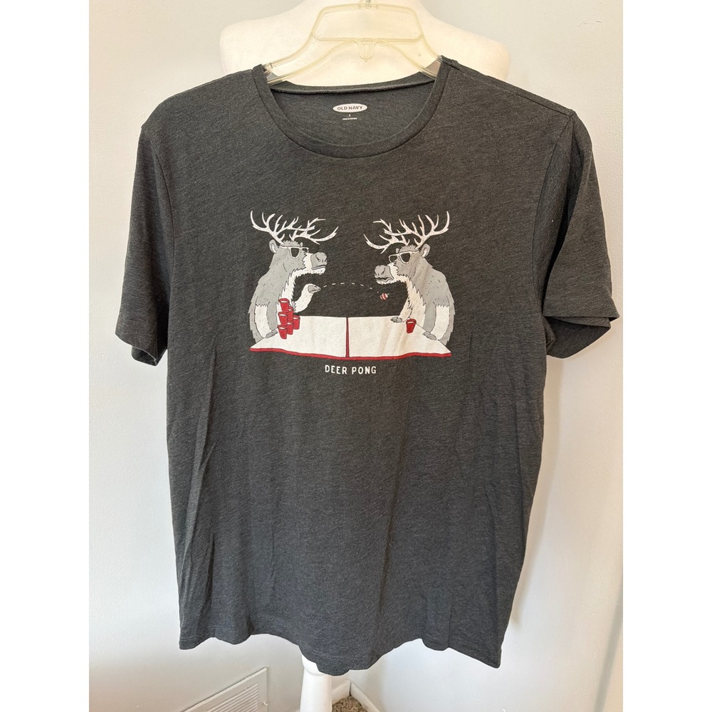 Old Navy Mens Large Deer Pong Graphic T-Shirt Heather Gray Reindeer Tee